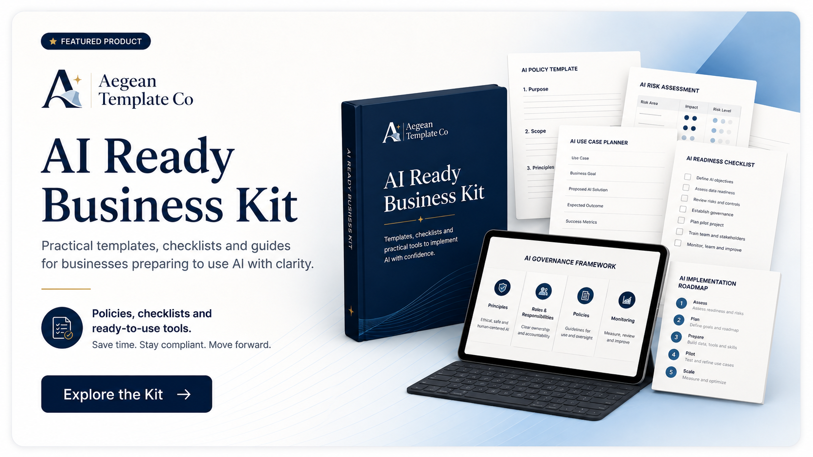 AI Ready Business Kit featured product visual showing practical templates, checklists and guides for businesses preparing to use AI with clarity.