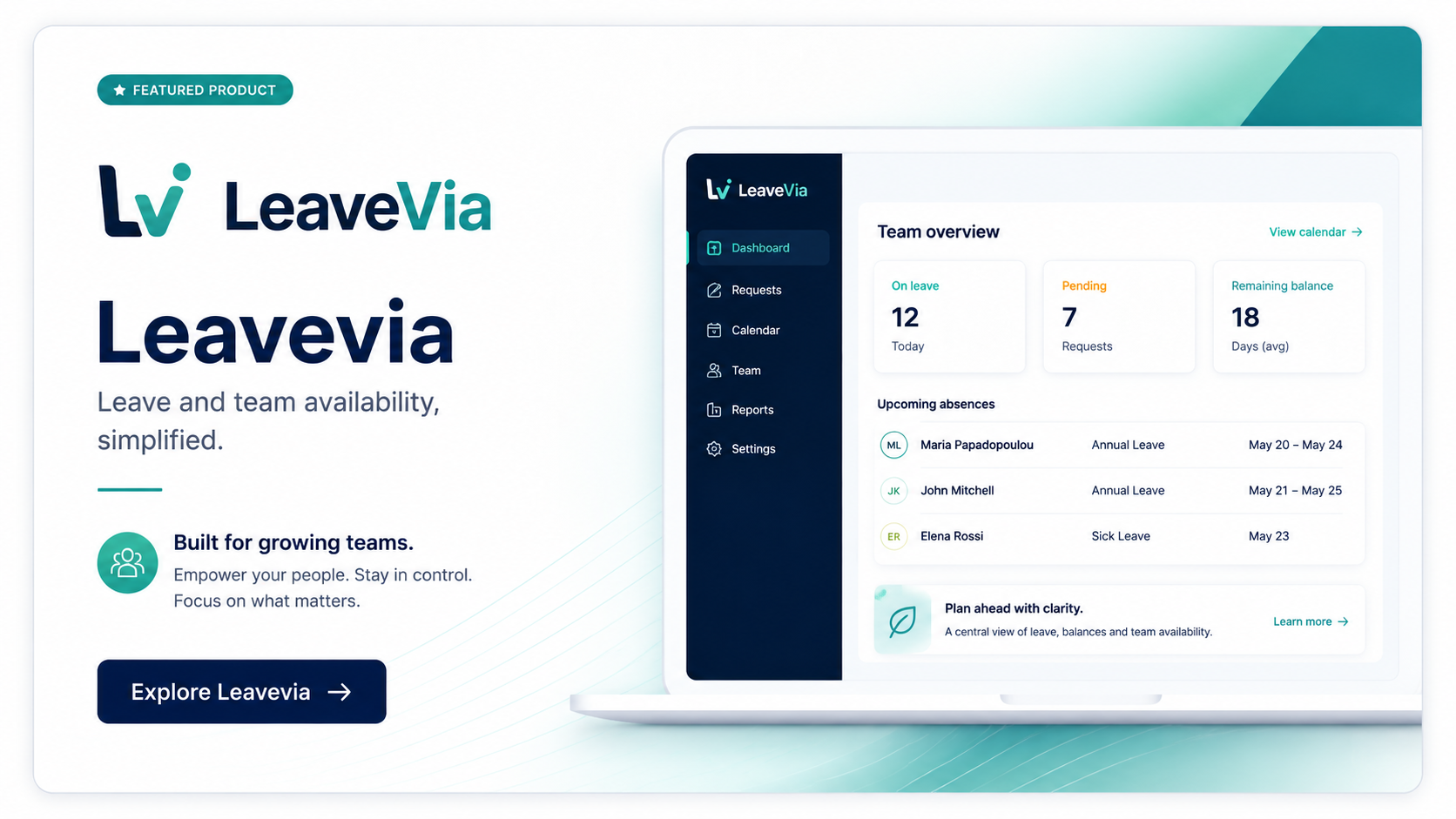 LeaveVia featured product visual showing leave and team availability management.